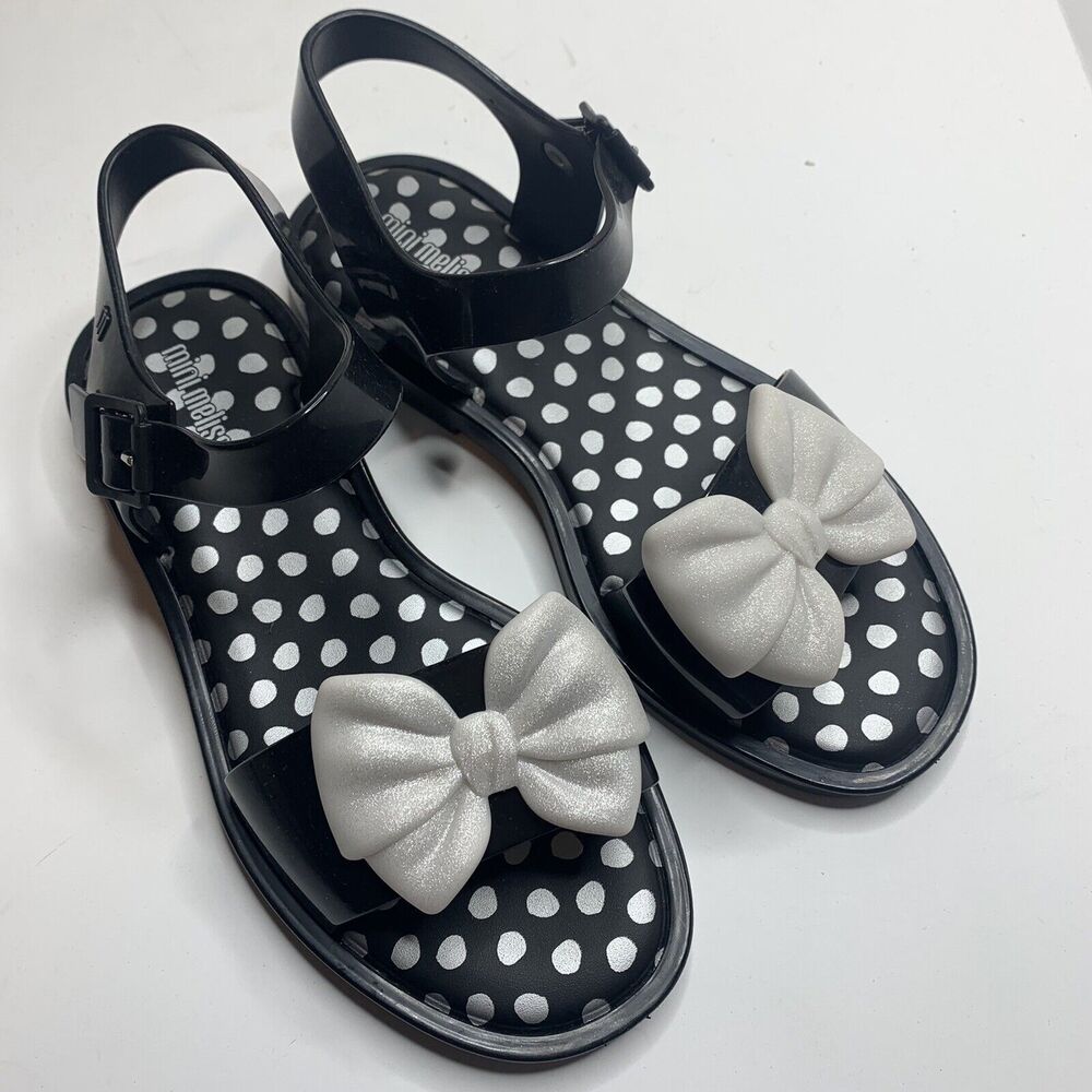 MINI MELISSA Mar Princess Black Silver Bow Jelly Sandals Big Girls Size 3
